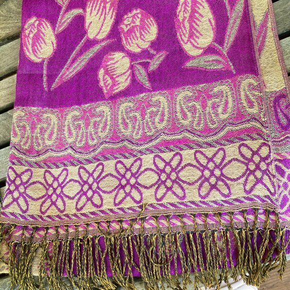 pashmina Accessories - Pashmina & Silk Scarf/Shawl Tulips Pink Violet Purple Fringe